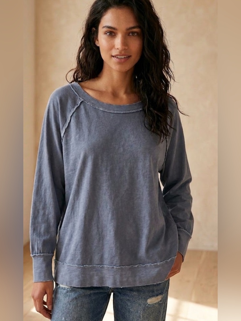 Free People We The Free Distressed Slate Blue Raglan Long Sleeve Tee